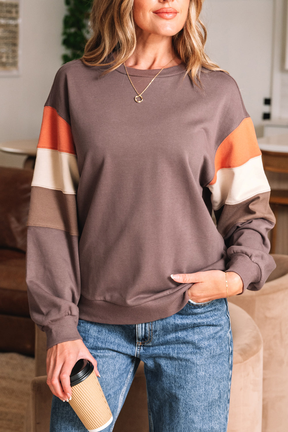Dark Khaki Color Block Drop Shoulder Pullover Casual Sweatshirt