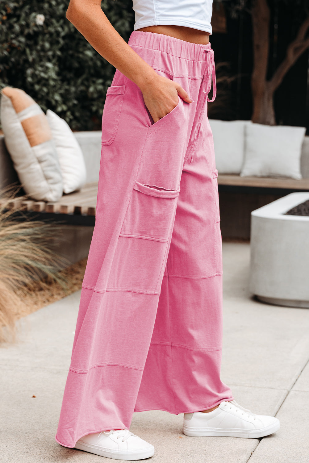 Mint Green Mineral Wash Exposed Seam Drawstring High Waist Wide Leg Cargo Pants