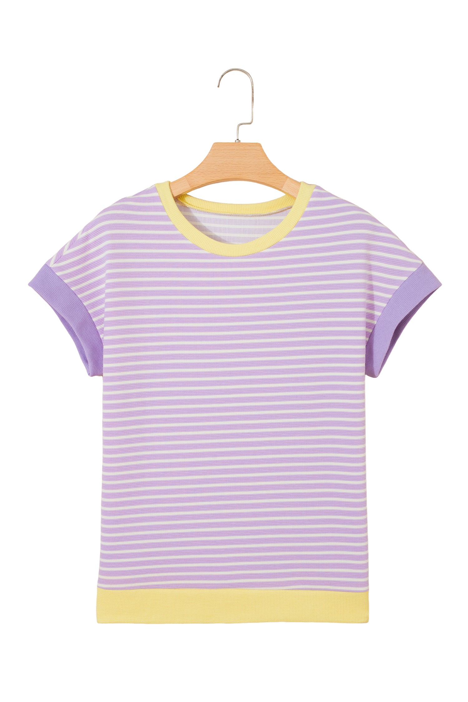 Purple Stripe Striped Colorblock Paneling Collar Cuff Hem Texture T-Shirt