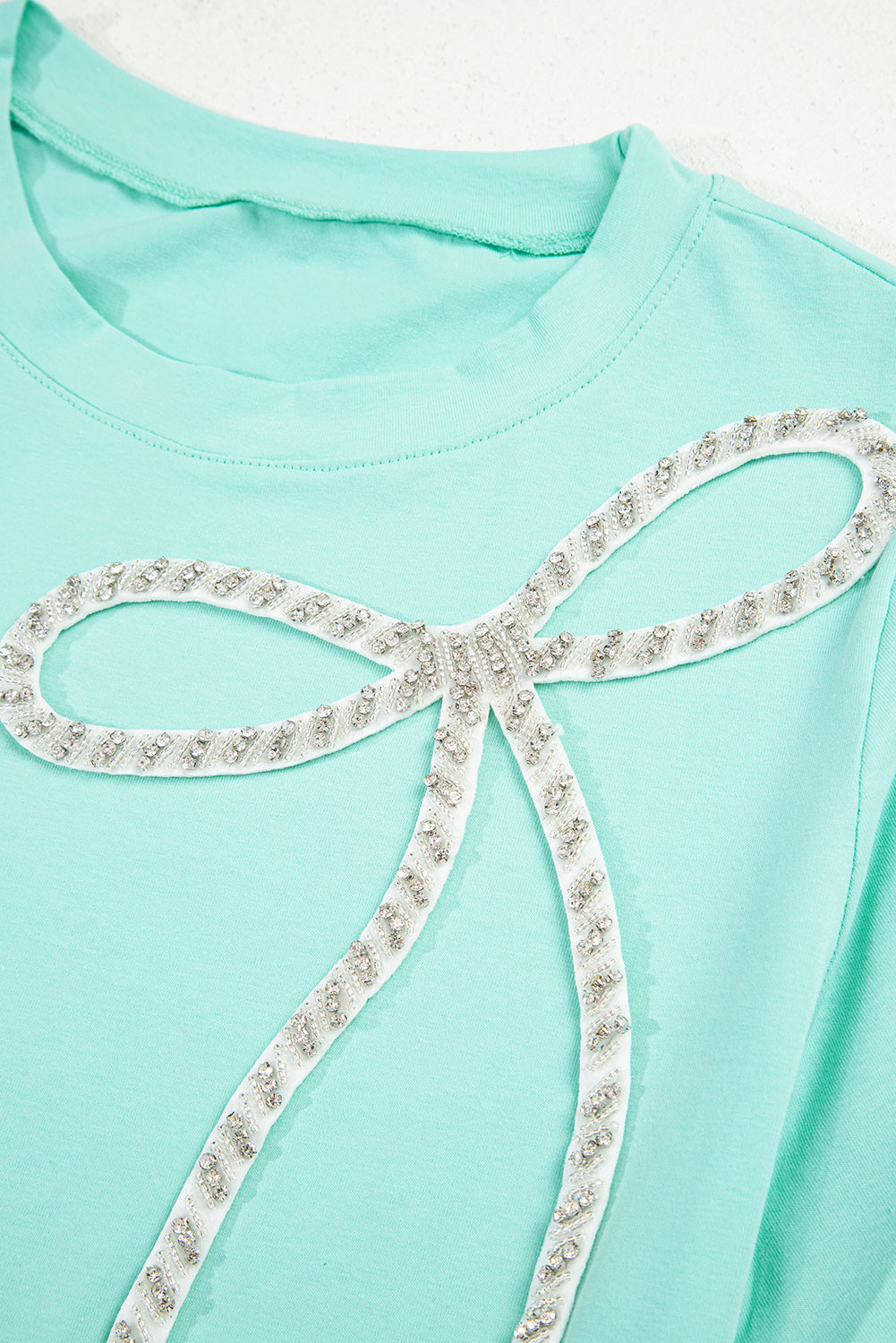 Mint Green Rhinestone Bow Embellished Round Neck Tee