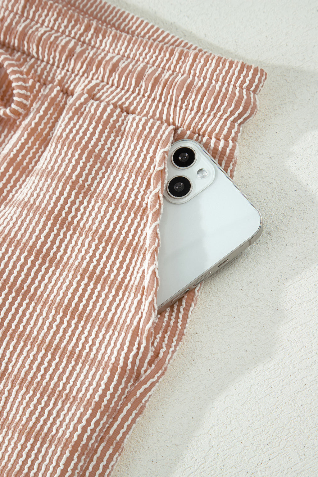 Rose Stripe Raised Rib Loose Tee Drawstring Elastic Waist 2pcs Short Set