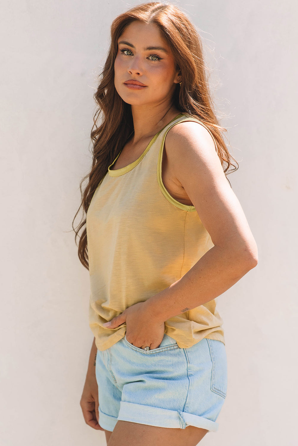 Peacock Blue Metallic Sheen Edge Scoop Neck Tank Top