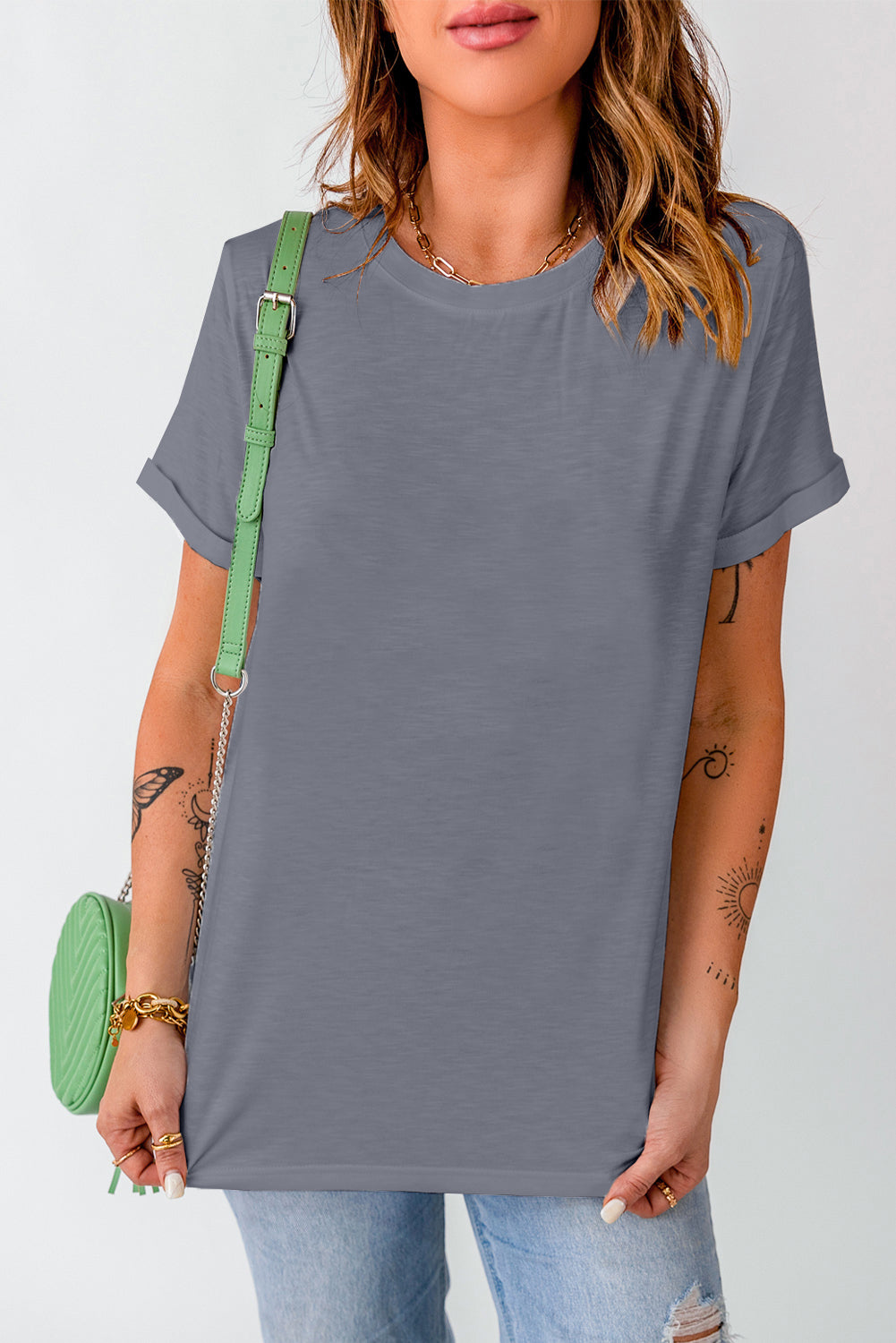 Pink Solid Color Crew Neck Tee