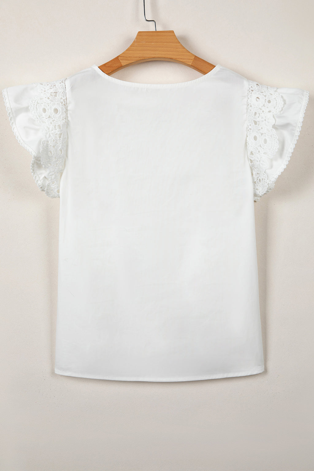 White Lace Detail Flutter Sleeve Pleated Round Neck Blouse