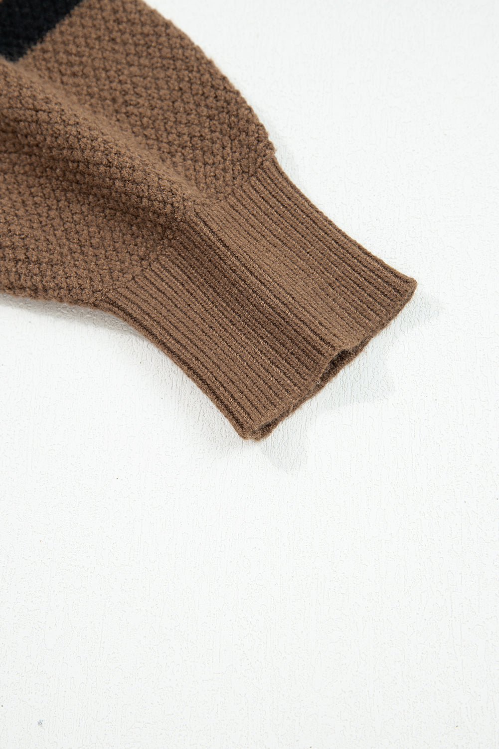 Dark Brown Color Block Knit Striped Sleeve Detail Casual Sweater