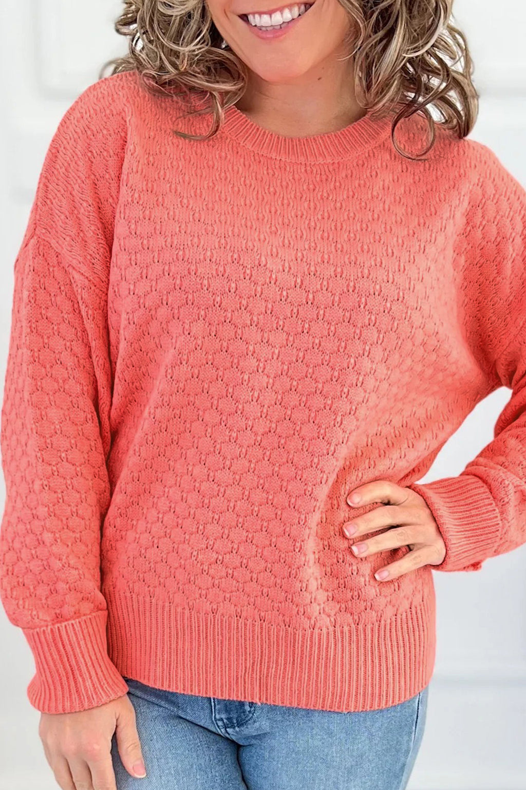 Coral Paradise Drop Shoulder Ribbed Knit Sweater Regular Length Long Sleeve Pullover
