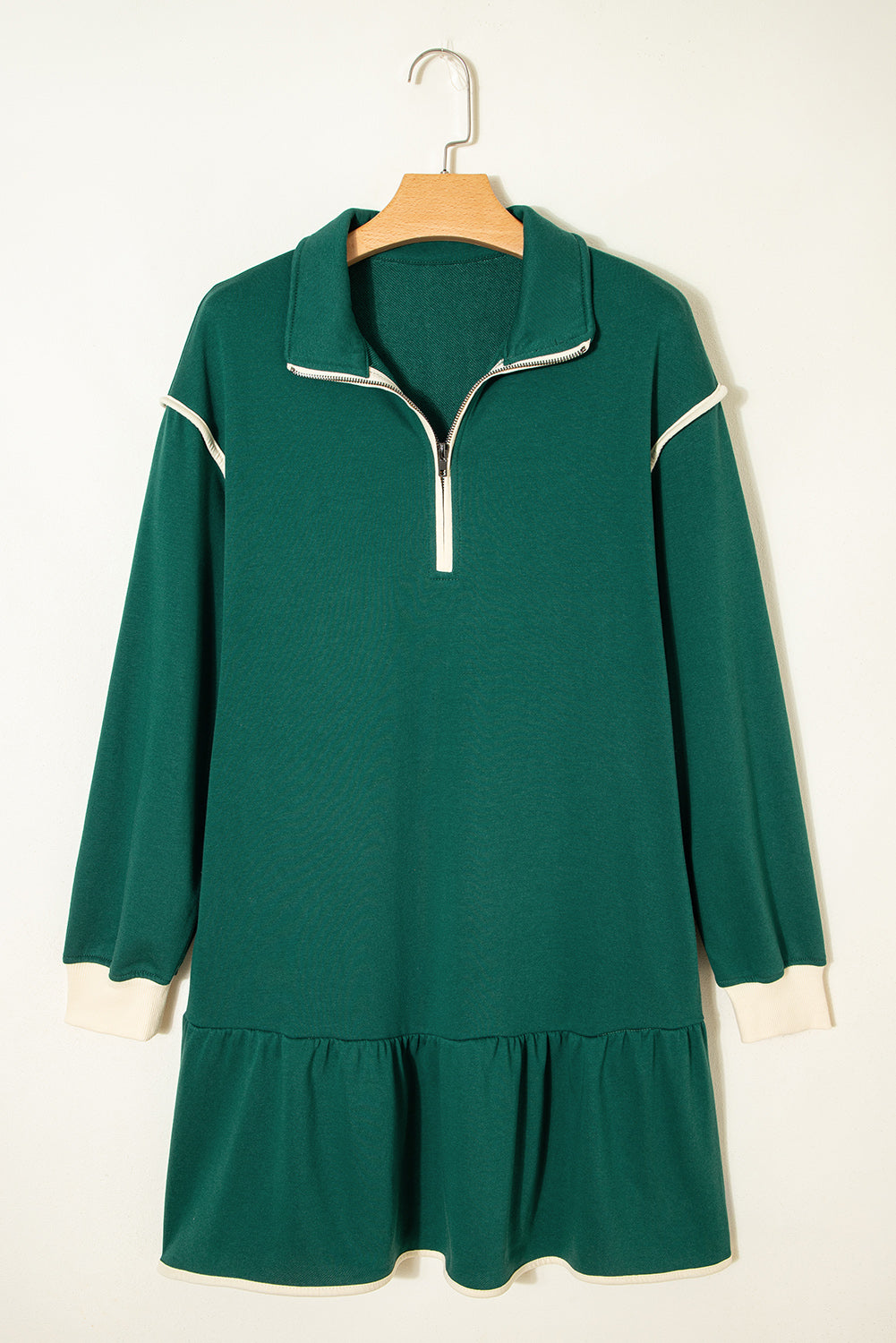 Evergreen Contrast Trim Zip Collar Long Sleeve Ruffle Hem Mini Dress
