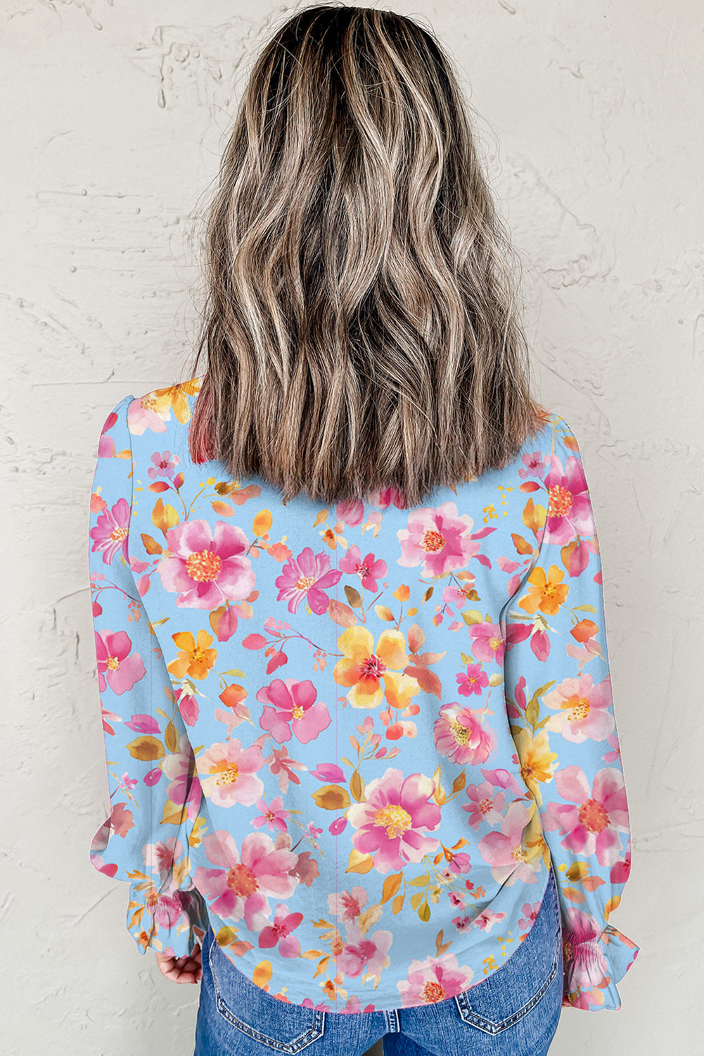 Sky Blue Floral Smocked Cuff Flounce Sleeve V Neck Blouse