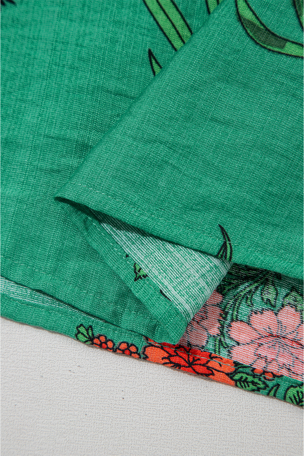 Bright Green Floral Print Buttoned V Neck Short Sleeve Blouse