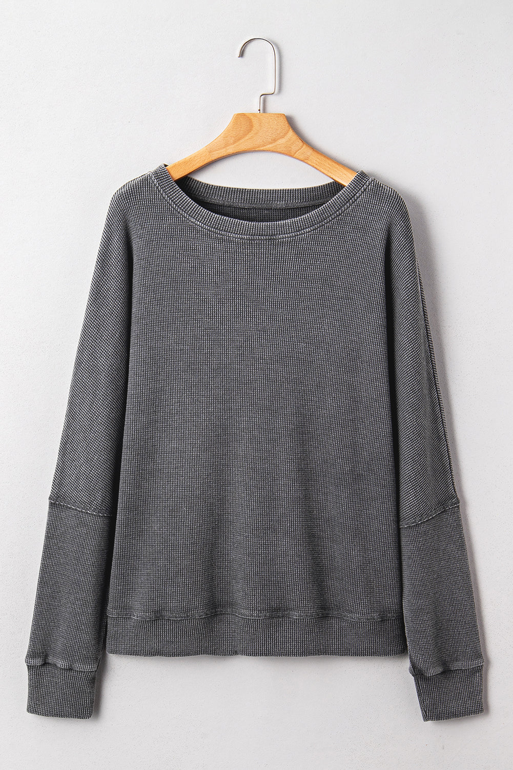 Dark Grey Waffle Knit Patchwork Long Sleeve Loose Top