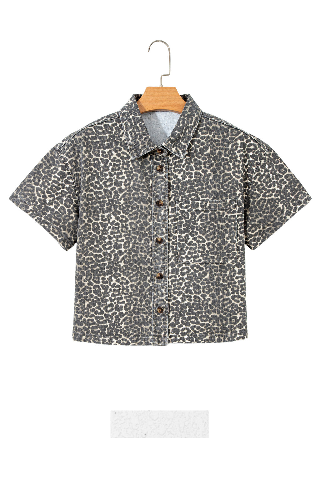 Gray Vintage Leopard Print Short Sleeve Loose Cotton Denim Shirt