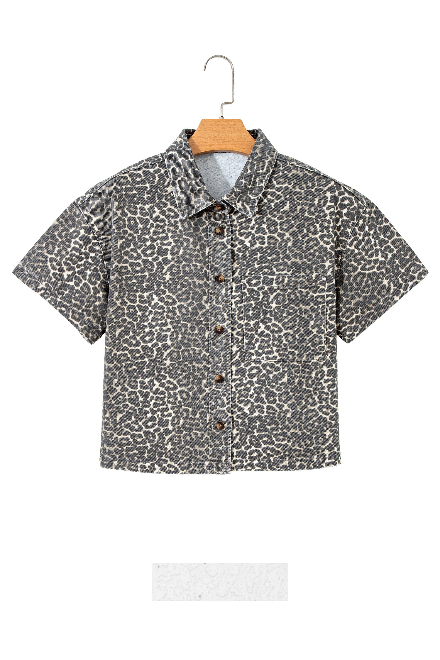 Gray Vintage Leopard Print Short Sleeve Loose Cotton Denim Shirt