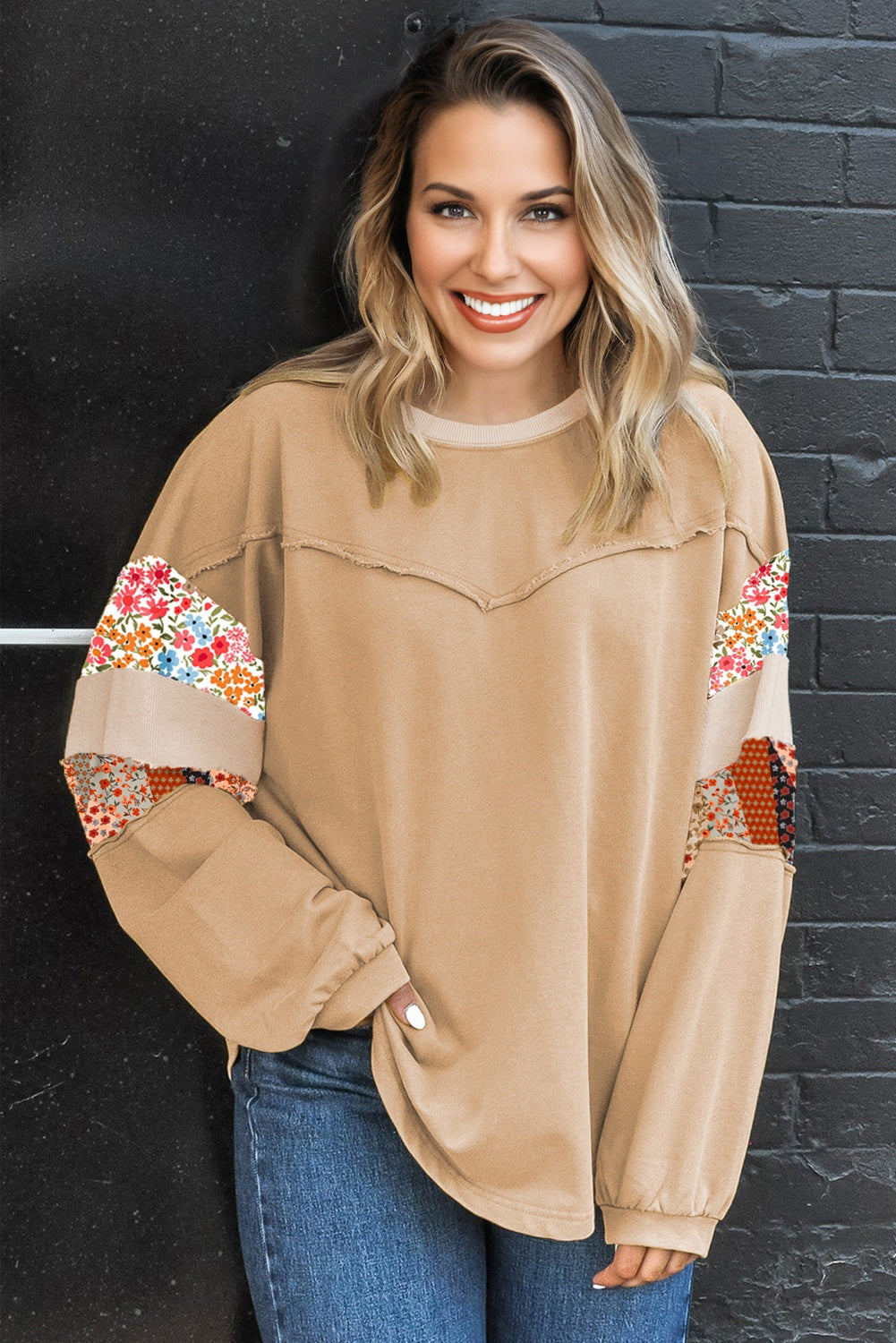 Blue Exposed Seam Floral Mixed Patchwork Relaxed Plus Size Top