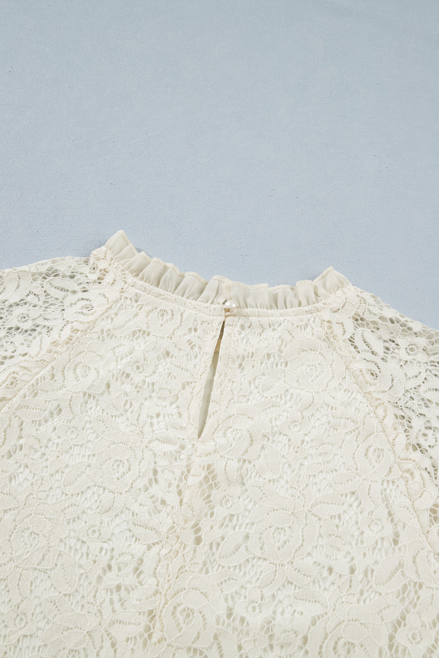 White Sheer Lace Long Sleeve Ruffle Trim Loose Blouse