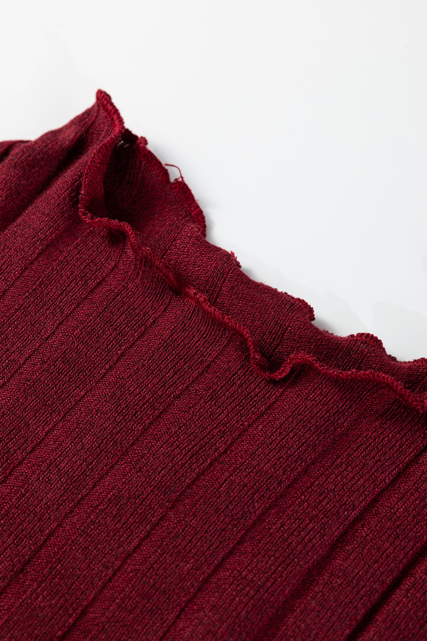 Red Dahlia Frilled Neck Ribbed Knit Patchwork Long Sleeve Mini Dress