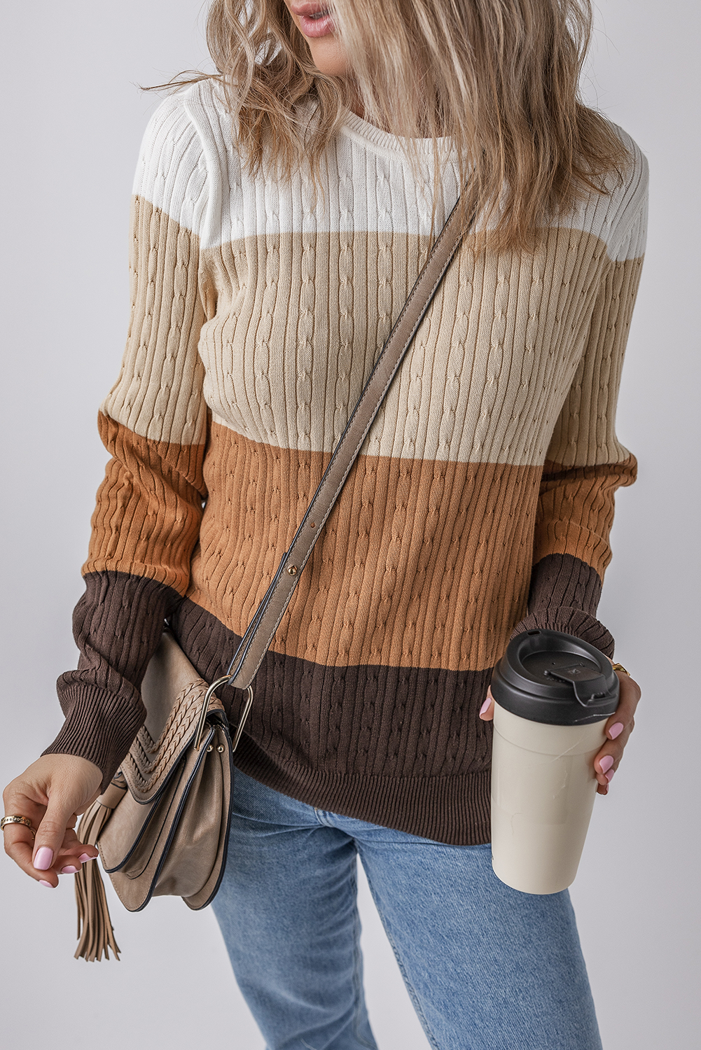 Khaki Colorblock Cable Knit Round Neck Sweater