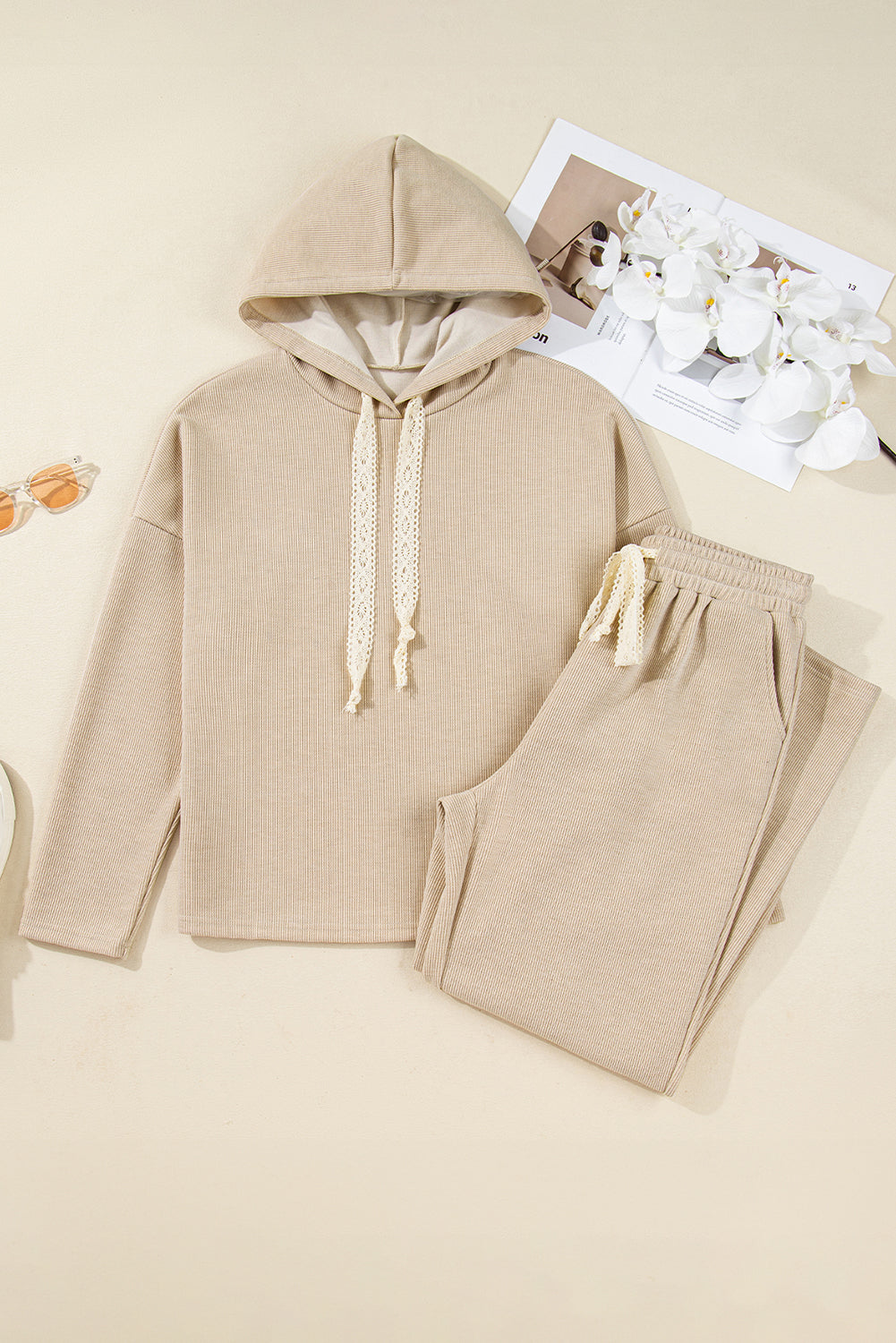 Casual Lace Drawstring Pullover Hoodie and High Waist Pants Corduroy Suit