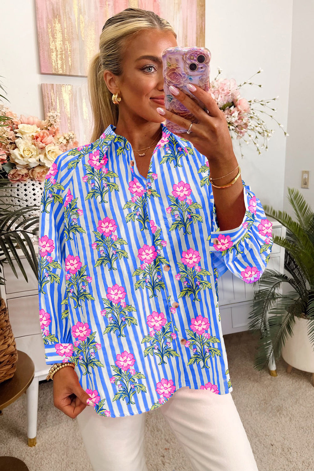 Blue Striped Floral Print Buttoned Cuffs Loose Fit Shirt