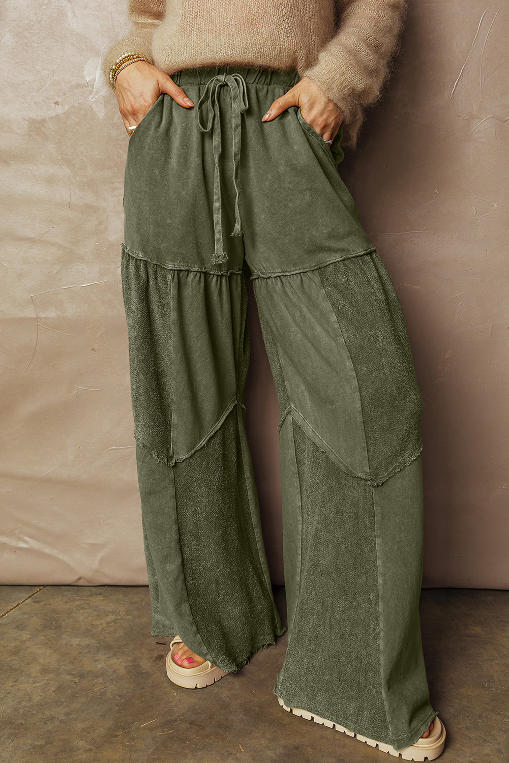 Straw Yellow Mineral Wash Tiered Wide Leg Patchwork Drawstring Pants
