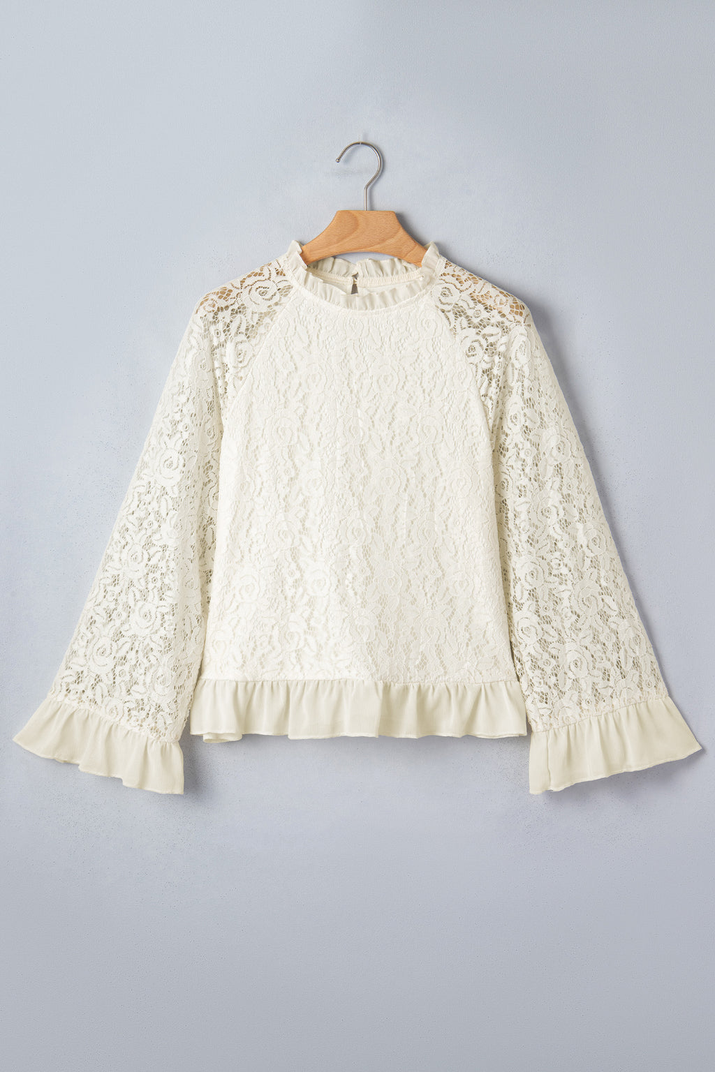 White Sheer Lace Long Sleeve Ruffle Trim Loose Blouse