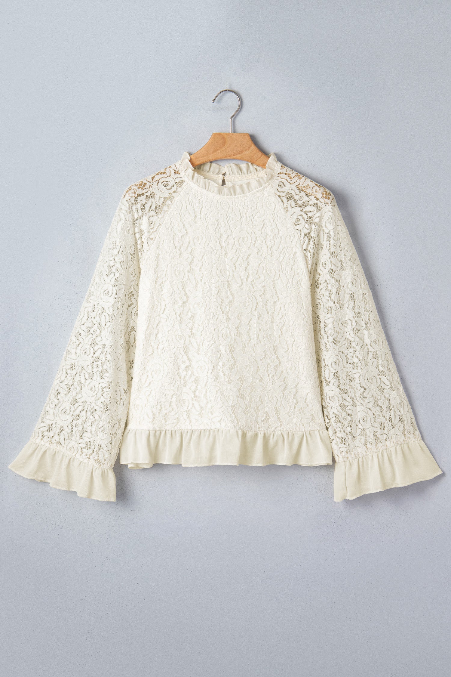 White Sheer Lace Long Sleeve Ruffle Trim Loose Blouse