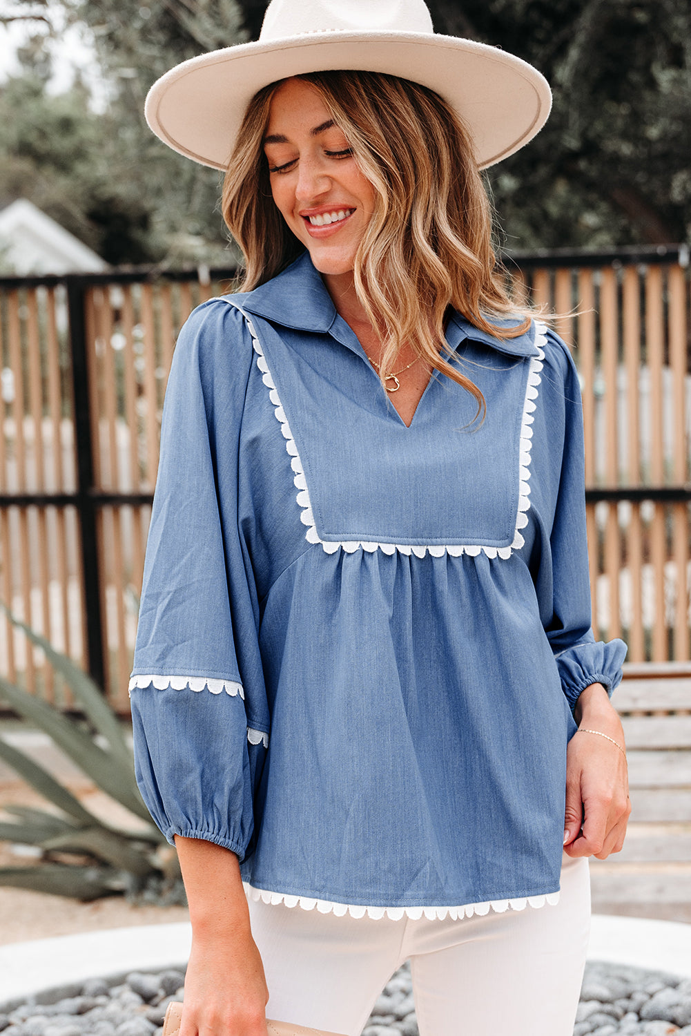 Dusk Blue Lace Ric Rac 3/4 Puff Sleeve Collared Babydoll Blouse