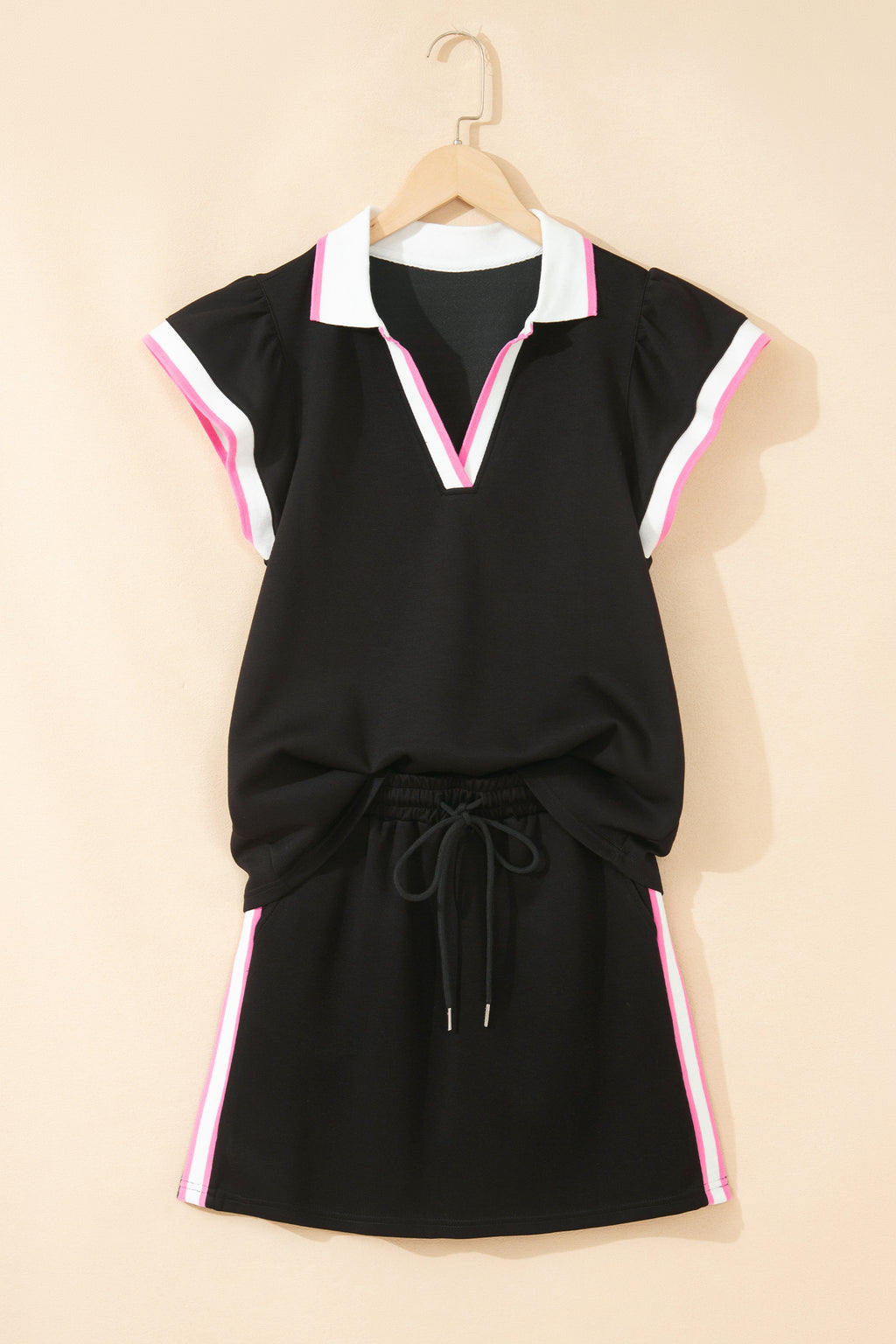Sky Blue Preppy Striped Trim V Neck Polo Tee Drawstring Skirt Set