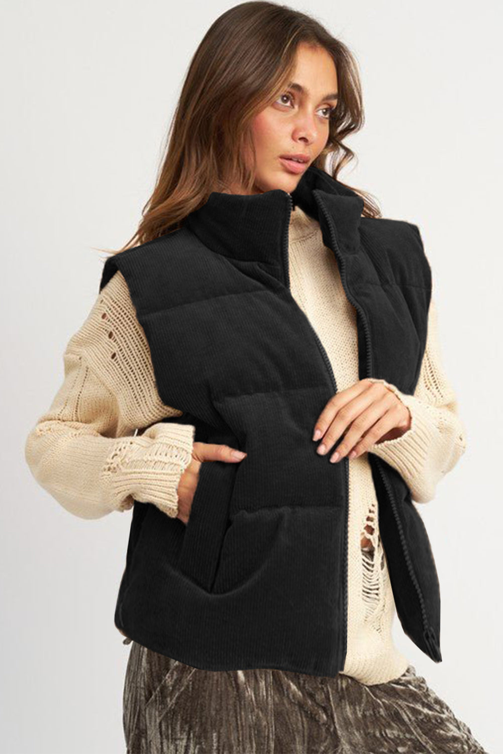 Coffee Corduroy Stand Neck Zipped Puffer Vest