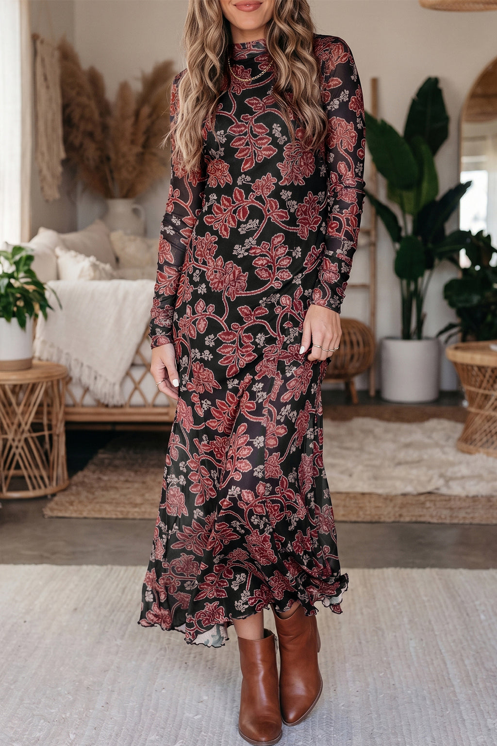 Black Retro Floral Print Long Sleeve Casual Mesh Dress