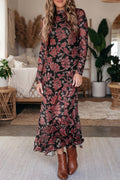 Black Retro Floral Print Long Sleeve Casual Mesh Dress