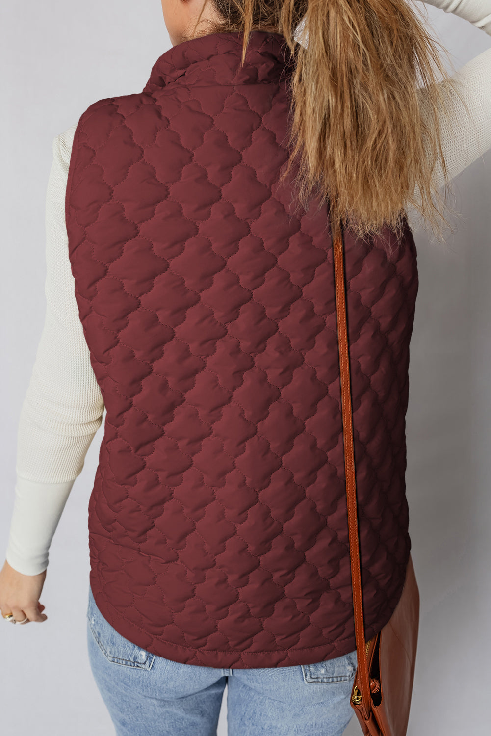 Dark Brown Flower Shape Quilted Snap Button Zip Up Winter Vest
