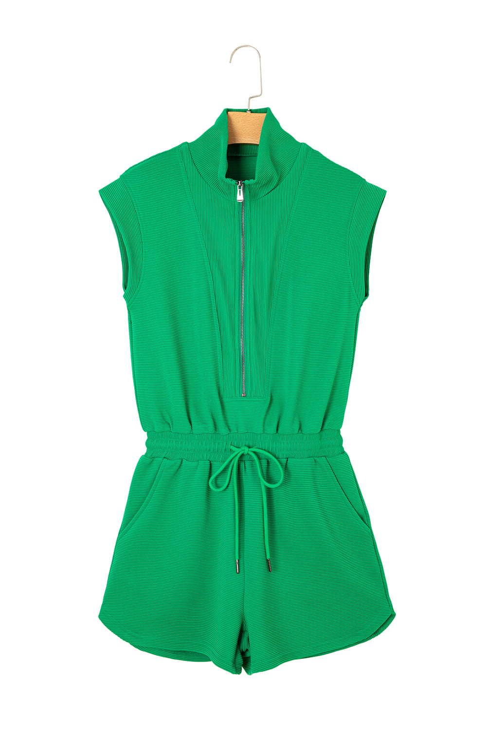 Bright Green Textured Short Sleeve Half Zip Drawstring Waist Romper