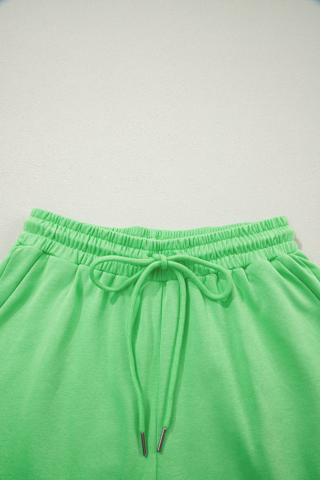 Light Blue Solid Color Puffy Loose Top Drawstring Shorts 2pcs Outfit