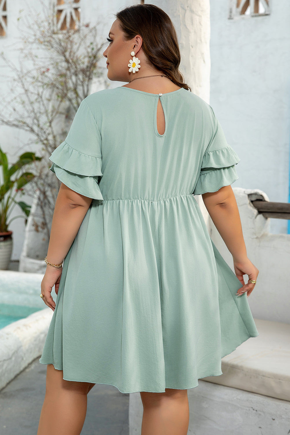 Grass Green Ruffle Trim Short Sleeve Plus Size Flared Mini Dress