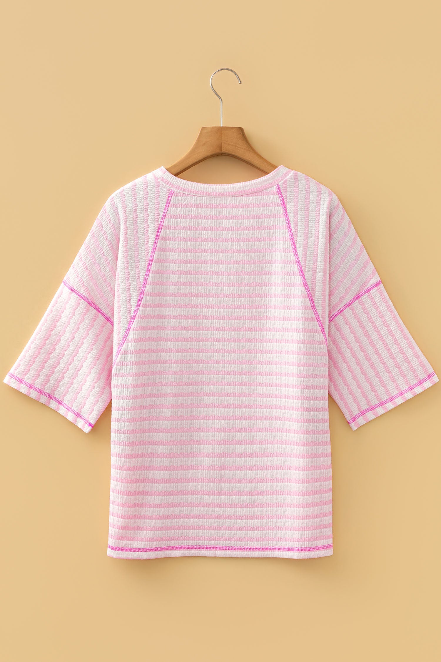 Apricot Stripe Textured Knit Split Hem Half Sleeve Loose Top