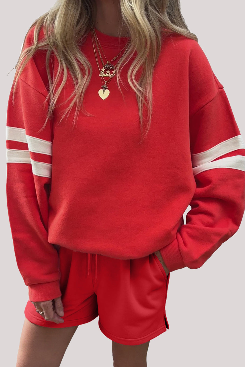 Orange Varsity Striped Sleeve Drop Shoulder Sweatshirt and Short Set