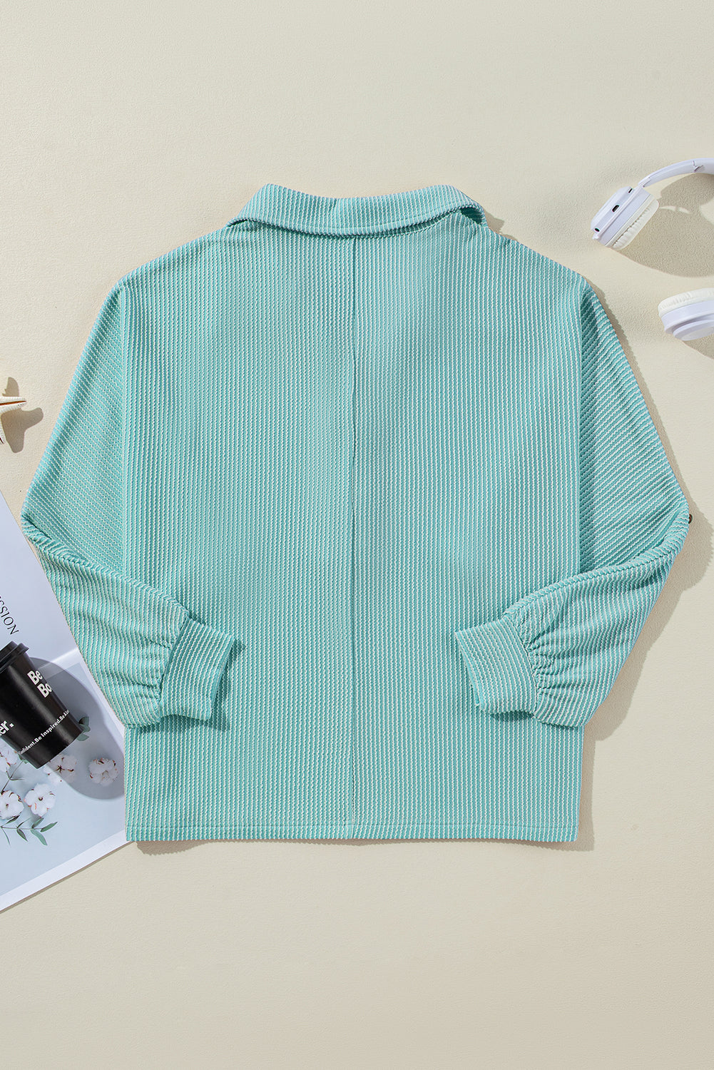 Light Blue Oversized Twist Ribbed Collared Henley Top with Roll up Sleeve