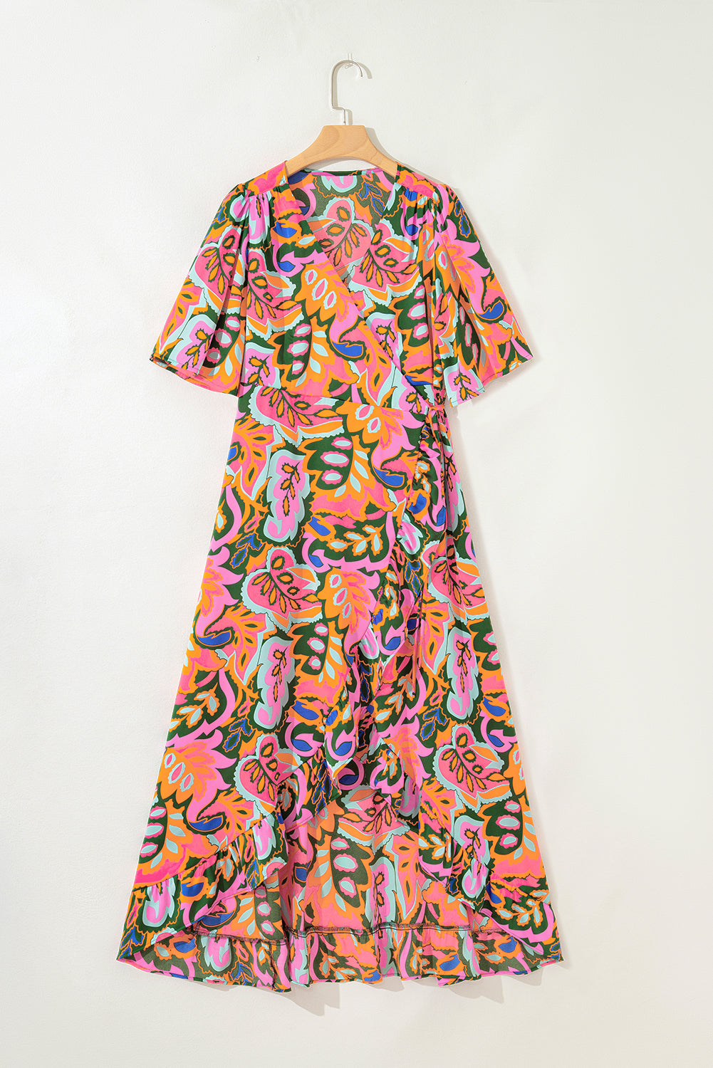 Rose Summer Plant Print Surpliced V Neck Ruffled Asymmetric Slit Wide Short Sleeve Maxi Dress