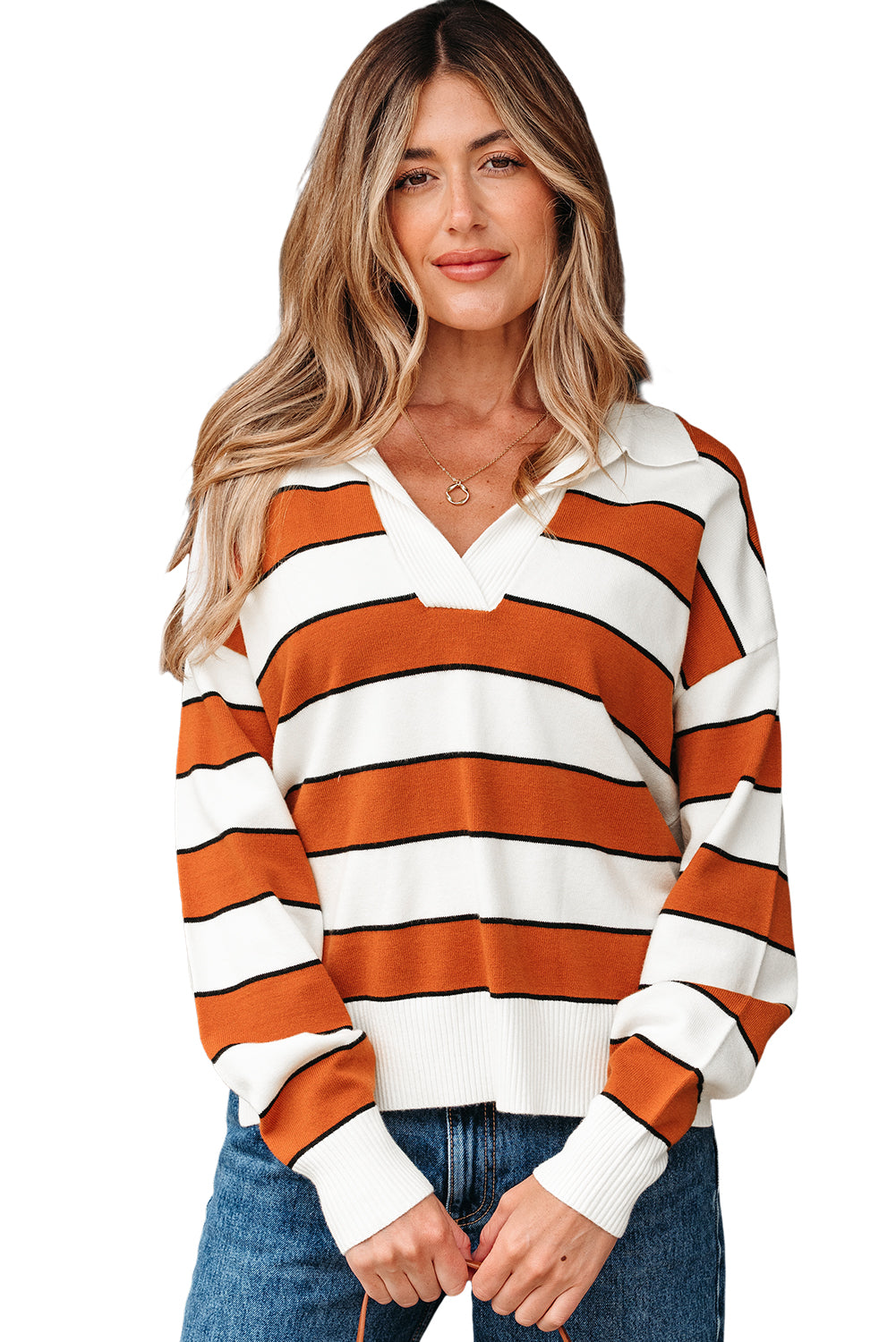 Brown Stripe Ribbed Polo Collar Drop Shoulder Sweater
