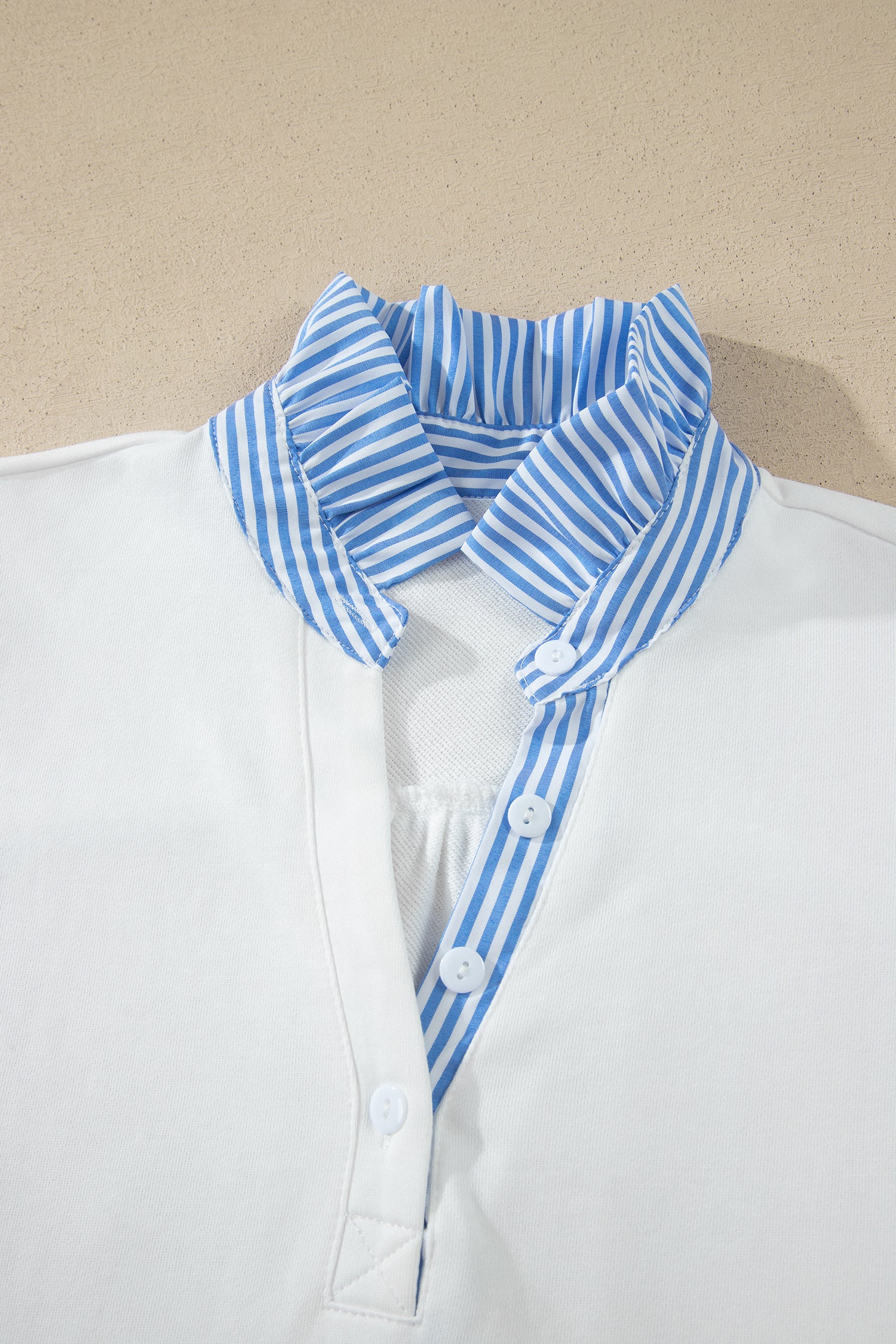 Sky Blue Striped Frilled Collar Short Sleeve Blouse
