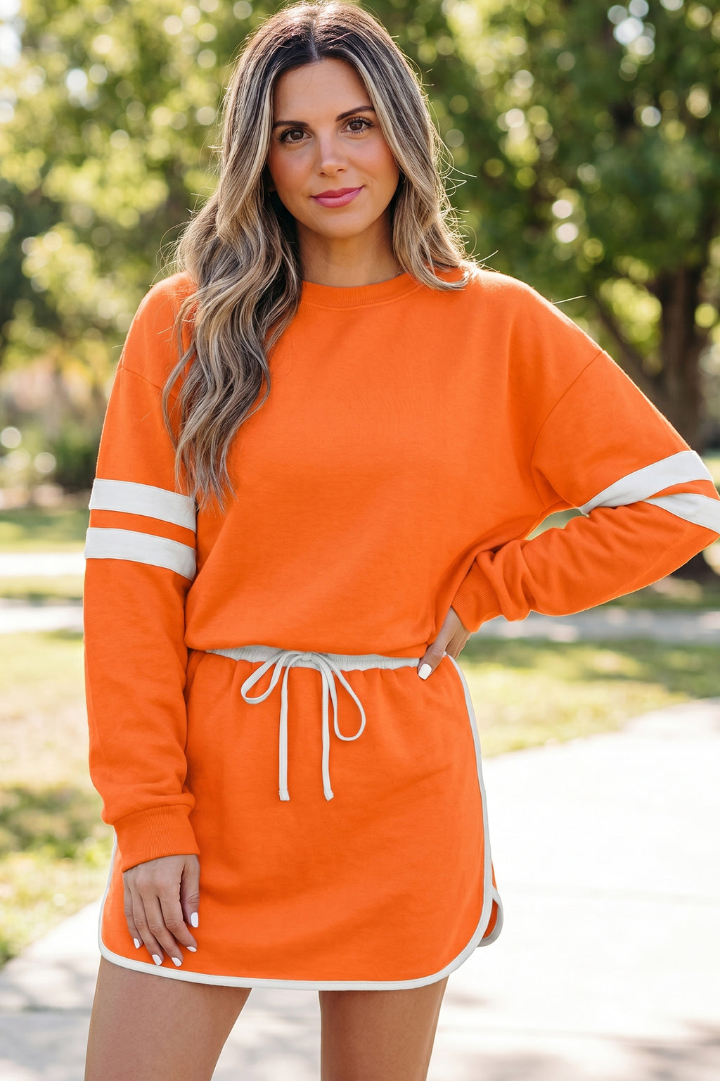 Black Varsity Stripe Detail Drop Shoulder Pullover Mini Skirt Set