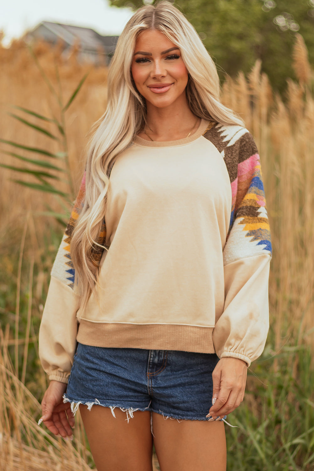 Light French Beige Aztec Patchwork Raglan Pullover Sweatshirt