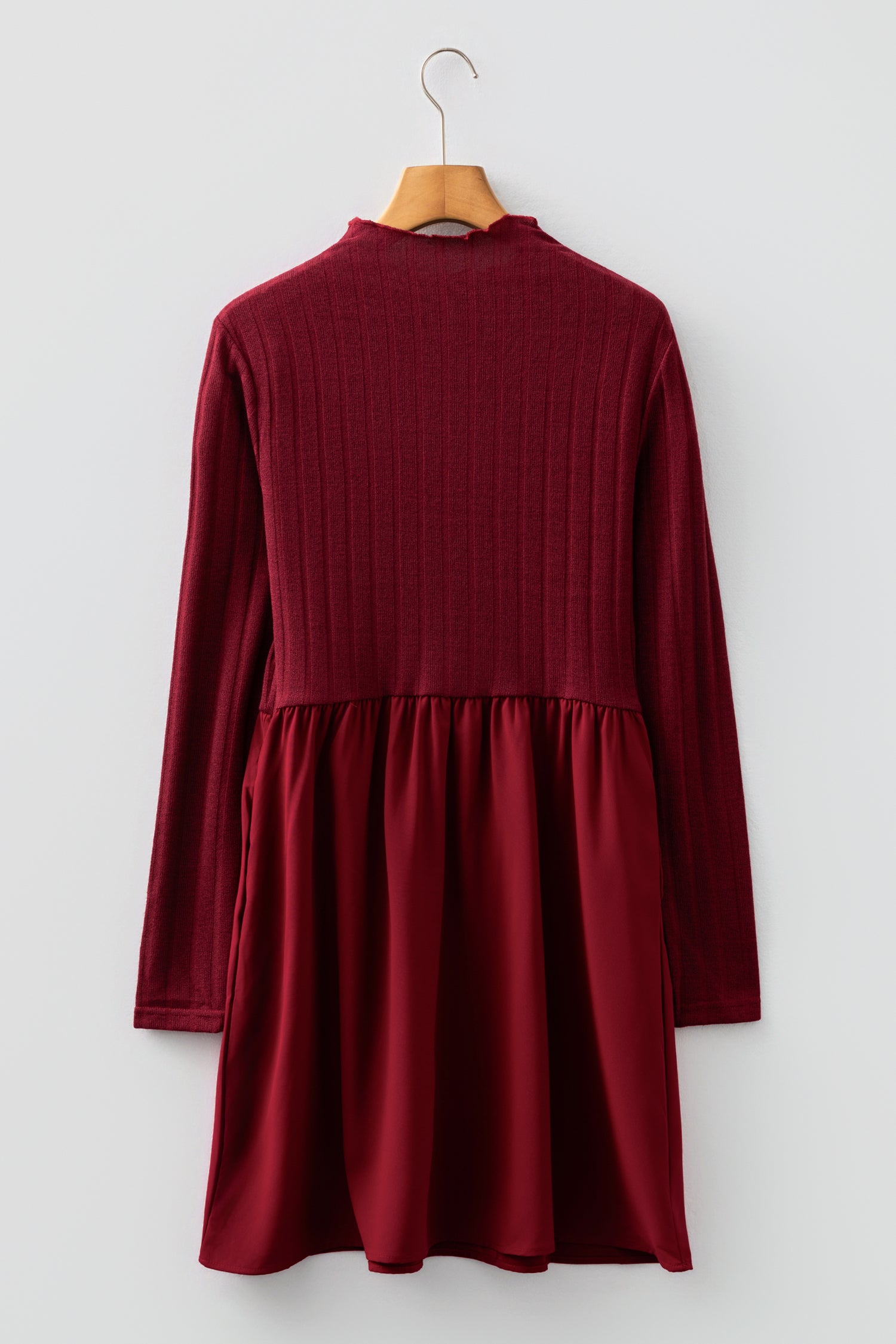 Red Dahlia Frilled Neck Ribbed Knit Patchwork Long Sleeve Mini Dress