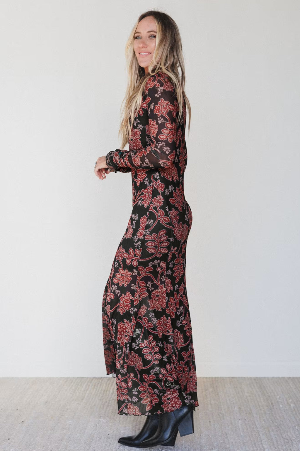 Black Retro Floral Print Long Sleeve Casual Mesh Dress