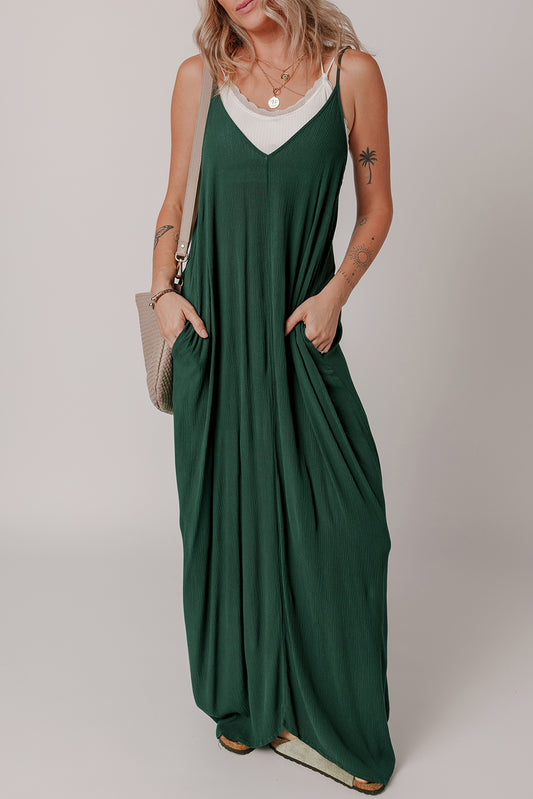 Duffel Green Spaghetti Straps Pocketed Slouchy Maxi Dress