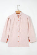 Khaki Stripe Color Block Patchwork Detail Frilled Collar Button Down Shirt
