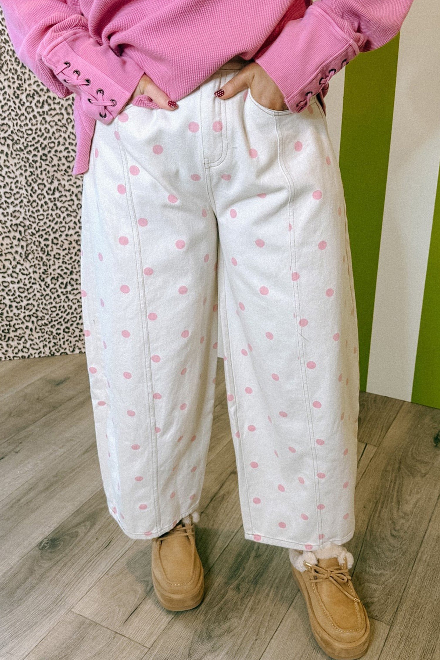 Blue Tailored Seam Polka Dot Print Ankle Length Casual Jeans