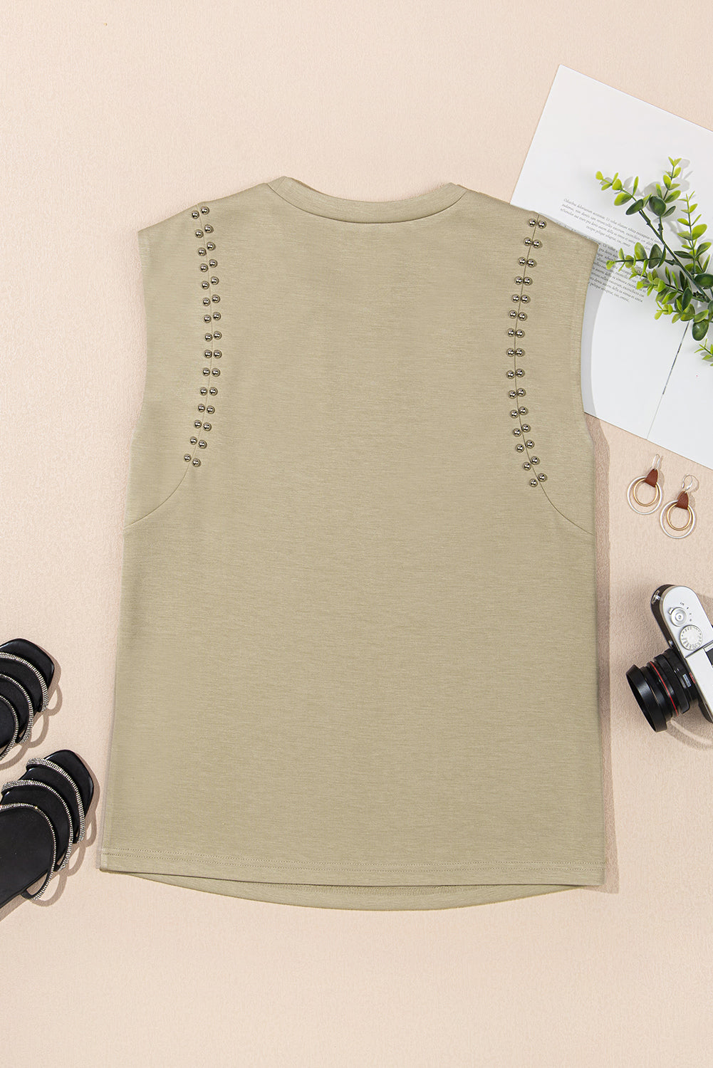 Sage Green Studded Cap Sleeve Round Neck T Shirt