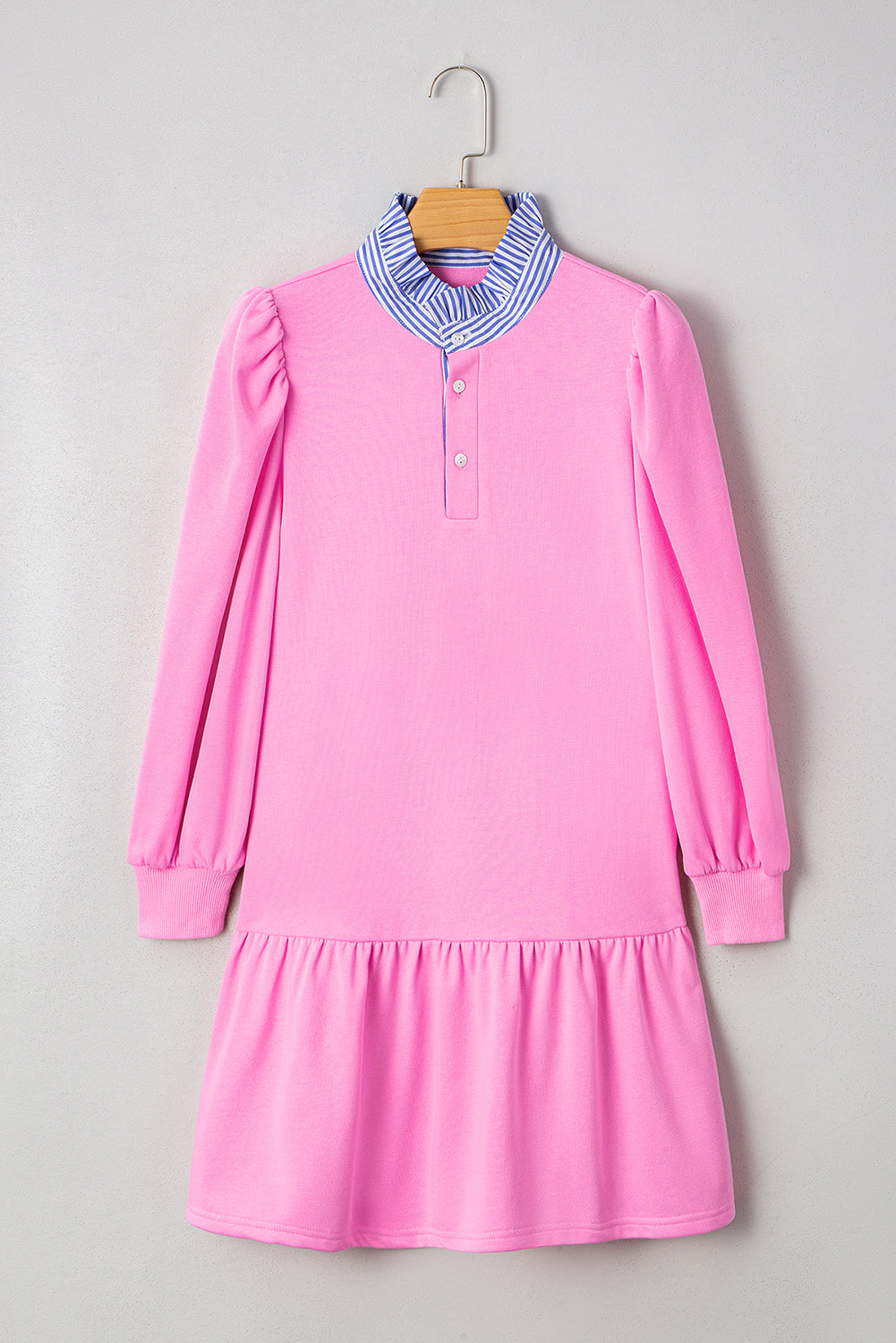 Pink Contrast Striped Collar Patchwork Puff Sleeve Ruffle Hem Mini Dress