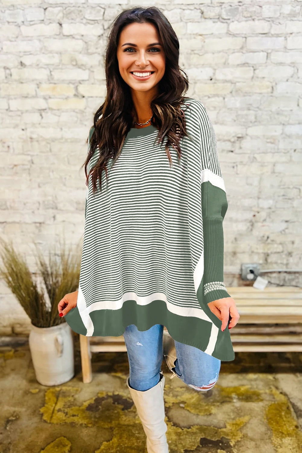 Green Stripe Color Block Patchwork Dolman Oversize Tunic Sweater
